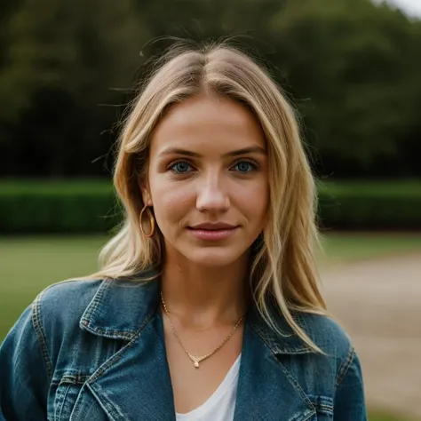 Realistic photo of a beautiful c4m3r0nd-v2 woman, 1girl, solo, long hair, looking at viewer, smile, blue eyes, blonde hair, jacket, upper body, lips, traditional media, denim, realistic, denim jacket, soft lighting, professional Photography, Photorealistic, detailed, RAW, analog, sharp focus, 8k, HD, DSLR, high quality, Fujifilm XT3, film grain, award winning, masterpiece<lora:c4m3r0nd-v2:1.0>