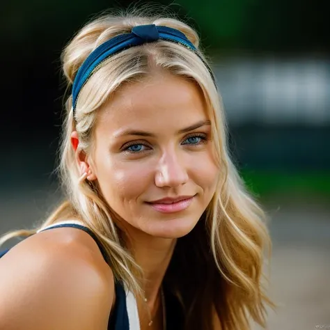 Realistic photo of a beautiful c4m3r0nd-v2 woman, 1girl, solo, long hair, looking at viewer, smile, blue eyes, (((blonde hair))), simple background, hairband, lips, portrait, hand in own hair, realistic, soft lighting, professional Photography, Photorealistic, detailed, RAW, analog, sharp focus, 8k, HD, DSLR, high quality, Fujifilm XT3, film grain, award winning, masterpiece<lora:c4m3r0nd-v2:1.0>