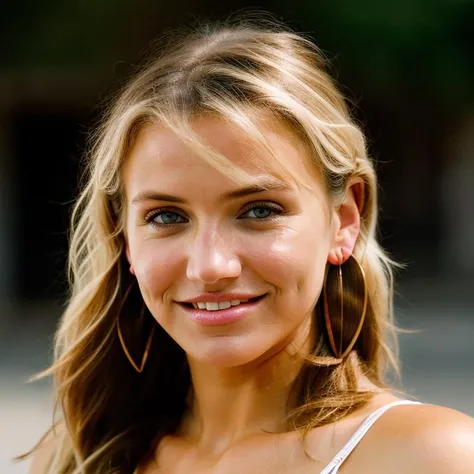 Realistic photo of a beautiful c4m3r0nd-v2 woman, 1girl, solo, looking at viewer, smile, short hair, blue eyes, (((blonde hair))), brown hair, jewelry, earrings, parted lips, teeth, blurry, lips, blurry background, messy hair, portrait, realistic, soft lighting, professional Photography, Photorealistic, detailed, RAW, analog, sharp focus, 8k, HD, DSLR, high quality, Fujifilm XT3, film grain, award winning, masterpiece<lora:c4m3r0nd-v2:1.0>