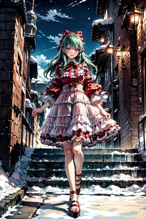 smile, glowing, soft light, (walking in snow):1.15,
BREAK((solo, 1woman, adorable , young female, beautiful), (full body:1.3), dynamic angle, detailed shadow, detailed lightning, (wide view, wide-angle lens)),
BREAK(bangs,<lora:christmas_dress_style1_v1:0.7>, cuff , choker, cyb dress, lace-trimmed dress, layered dress, wide sleeves, bow, Santa dress, capelet):1.1,
BREAK(perfect(anatomy,body,face,hand,leg,foot),(aqua eyes, multicolor sky red blue hairs, very long hairs):1.1, sweating, wet clothes:1.1),
BREAK(beautiful detailed girl, glossy pink lips, milky skin, shiny skin:1.2, makeup)
BREAK(<lora:Night scene_20230715120543:0.45>, cozy, outdoor, detailed city, street, night, starry star, Christmas decorations, snow),
BREAK(<lora:more_details:0.55>, extremely detailed, CG, 8k Amazing, finely detail, (masterpiece:2.0, best quality), (intricate details, depth of field)),
BREAK((<lora:uber_saggy2:0.5>, saggy, sagging_breasts, huge breasts)),