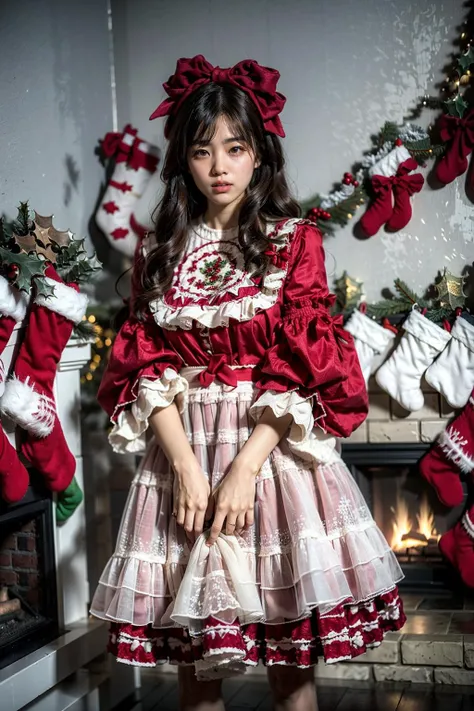 (realistic:1.3), finely detailed, quality, rembrandt lighting, (masterpiece:1.2), (photorealistic:1.2), (best quality), (detailed skin:1.3), (intricate details), dramatic, ray tracing, 1girl, japanese girl, 21 years old, detailed skin texture, (blush:0.5), (goosebumps:0.5), subsurface scattering, happy, excited, ecstatic, medium breasts, short hair curls, bangs, hair between eyes, hair bow, cyb dress, lace-trimmed dress, layered dress, wide sleeves, bow, cowboy shot, (holding christmas present:1.4), (bright sunny day, indoors, living room, christmas tree, fireplace), <lora:christmas_dress_style1_v1:0.8>