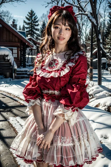 (realistic:1.3), finely detailed, quality, rembrandt lighting, (masterpiece:1.2), (photorealistic:1.2), (best quality), (detailed skin:1.3), (intricate details), dramatic, ray tracing, 1girl, japanese girl, 21 years old, detailed skin texture, (blush:0.5), (goosebumps:0.5), subsurface scattering, smiling, medium breasts, short hair curls, bangs, hair between eyes, hair bow, cyb dress, lace-trimmed dress, layered dress, wide sleeves, bow, cowboy shot, (bright sunny day, outdoors, christmas tree, winter scene, christmas decorations, log cabin, trees, sky),  <lora:christmas_dress_style1_v1:0.8>