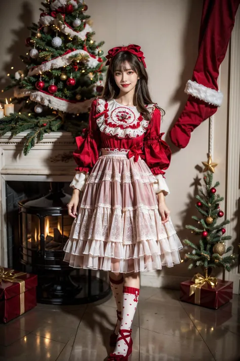 best quality, masterpiece, photorealistic, 1girl, solo, long straight hair, looking at viewer, smile, cyb dress, lace-trimmed dress, layered dress, wide sleeves, bow, red footwear, kneehighs, indoors, christmas, christmas tree, christmas ornaments, <lora:christmas_dress_style1_v1:0.7>, <lora:add_detail:1>