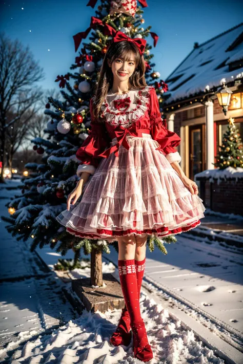 best quality, masterpiece, photorealistic, 1girl, solo, long straight hair, looking at viewer, smile, cyb dress, lace-trimmed dress, layered dress, wide sleeves, bow, red footwear, kneehighs, outdoors, snow, people, christmas, christmas tree, christmas ornaments, night, light, people, shop , <lora:christmas_dress_style1_v1:0.7>, <lora:add_detail:1>