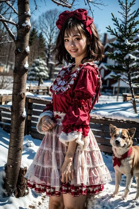 (realistic:1.3), finely detailed, quality, rembrandt lighting, (masterpiece:1.2), (photorealistic:1.2), (best quality), (detailed skin:1.3), (intricate details), dramatic, ray tracing, 1girl, japanese girl, 21 years old, detailed skin texture, (blush:0.5), (goosebumps:0.5), subsurface scattering, smiling, medium breasts, short hair curls, bangs, hair between eyes, hair bow, cyb dress, lace-trimmed dress, layered dress, wide sleeves, bow, cowboy shot, (bright sunny day, outdoors, christmas tree, winter scene, christmas decorations, log cabin, trees, sky),  <lora:christmas_dress_style1_v1:0.8>