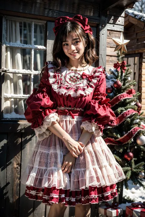 (realistic:1.3), finely detailed, quality, rembrandt lighting, (masterpiece:1.2), (photorealistic:1.2), (best quality), (detailed skin:1.3), (intricate details), dramatic, ray tracing, 1girl, japanese girl, 21 years old, detailed skin texture, (blush:0.5), (goosebumps:0.5), subsurface scattering, smiling, medium breasts, short hair curls, bangs, hair between eyes, hair bow, cyb dress, lace-trimmed dress, layered dress, wide sleeves, bow, cowboy shot, (bright sunny day, outdoors, christmas tree, winter scene, christmas decorations, log cabin, trees, sky), <lora:christmas_dress_style1_v1:0.8>