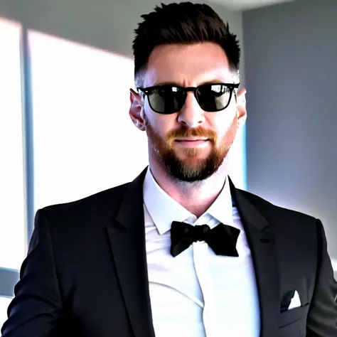 8k hyper realistic photo of nyd messi wearing a black blazer, wearing black shades