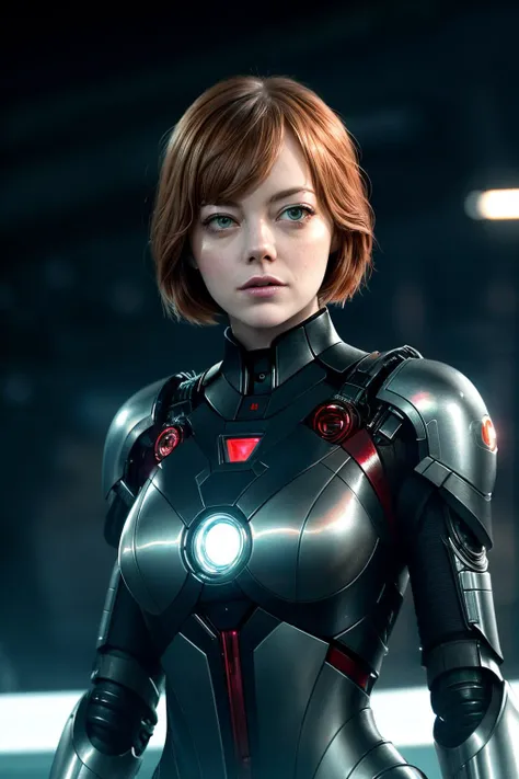 emmaSto1, ((best quality)), ((masterpiece)), (detailed), Midjourney Style, close-up, woman, robot, red eyes, concept art, inspired by Marek Okon, digital art, Crysis Nanosuit, futuristic, (glowing elements:1.1), 4:3 aspect ratio, dynamic duo