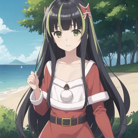 bofuri-may, santa costume, long hair, black hair, two-tone hair, green eyes, hair ribbon, brown eyes, collarbone, full body, solo, 1girl, outdoors <lora:bofuri-may-000007:0.4>