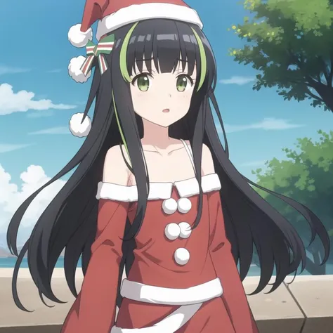 bofuri-may, santa costume hat, long hair, black hair, two-tone hair, green eyes, hair ribbon, brown eyes, collarbone, full body, solo, 1girl, outdoors <lora:bofuri-may-000007:0.4>
