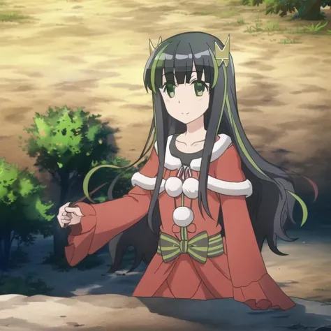 bofuri-may, santa costume, long hair, black hair, two-tone hair, green eyes, hair ribbon, brown eyes, collarbone, full body, solo, 1girl, outdoors <lora:bofuri-may-000007:0.9>