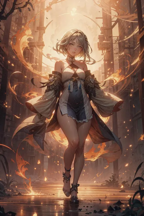 ,<lora:Guizhong-08:0.8> guizhong \(genshin impact\), multicolored hair, grey hair, blue hair, hair ornament, long hair, low ponytail, long sidelocks, detached sleeves, sleeves past wrists, wide sleeves, dress, chinese clothes, halterneck, starry sky print, tassel,full body, magic forest, bonfire, night,open hips,magic fire,sparks,dynamic pose,<lora:Fire:0.8> ,fire,burning,embers,floating hair, (natural skin texture, hyperrealism, soft light, sharp),Dramatic Lighting, Evocative Depth,perfect composition,intricate detail,best quality,extremely detailed CG, <lora:add_detail:0.5>,<lora:ReaLora:0.5>