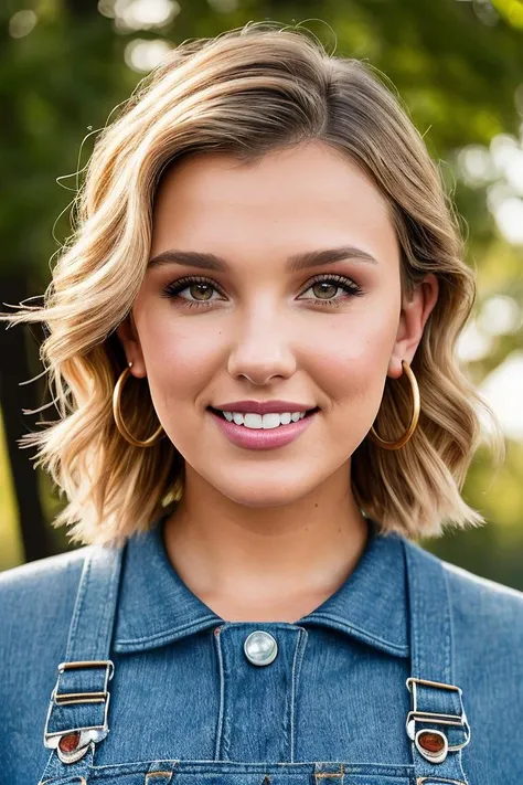 beautiful woman (m1ll13bb-120:.99), (closeup portrait), realistic, (detailed:1.15),(film grain, skin details, 4k:1), smile, Dappled Light, analog style (look at the viewer), (skin texture), (film grain), (hyper-realistic texture skin:1.3), cinematic light, sidelighting, ultra high res, best shadow, RAW, beautiful hair, (denim overalls), (t-shirt) winter city park, professional model photoshoot, hdr, sunset, (short hair), smiling, (hoop earrings)