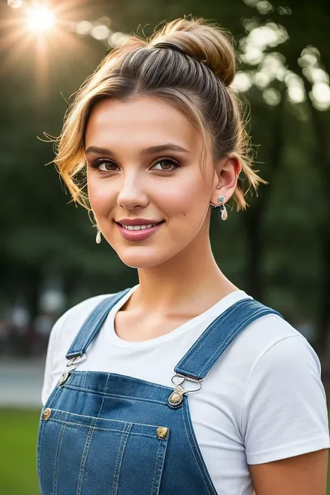 beautiful woman (m1ll13bb-120:.99), closeup portrait, realistic, (detailed:1.15),(film grain, skin details, 4k:1), smile, Dappled Light, analog style (look at the viewer), (skin texture), (film grain), (hyper-realistic texture skin:1.3), cinematic light, sidelighting, ultra high res, best shadow, RAW, beautiful hair, (denim overalls), (white t-shirt) winter city park, professional model photoshoot, hdr, sunset, (short hair), smiling, (earrings), (perfect waist)