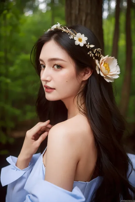 best quality, masterpiece, (photorealistic:1.4), Close up, 1 girl, upper body, Black Dress, Corset, long hair, cute, flowers around, forest background, sweet girl, IDOL, -- Face Details:1.7 -- <lora:xTTx:1> <lora:LeeAnne-01:1>