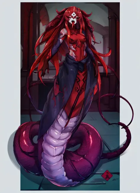 ((best quality)), ((highly detailed)), masterpiece, absurdres, detailed face, beautiful face, (detailed eyes, deep eyes), (1girl), full body, <lora:aiomonstergirls_loraLocon:.7>, <lora:animeLamia_v10:1>, (lamia), scales, tail, merged at waist, (red hair), <lora:slittongue:1>, (slittongue), fangs, open mouth, tongue out, <lora:slit-pupils:1>, snake eyes, (inside, in a hall), <lora:Mabo9317MonsterGirls:.9>, monster girl, gradient, colored skin, covered eyes, simple background