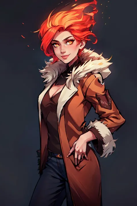 ((masterpiece,best quality)), absurdres, <lora:Fiery_Hair:0.8>, Fiery_Hair, fiery hair, glowing, 1girl, solo, smiling, looking at viewer, cowboy shot, (fur coat:1.5), cowboy shot,