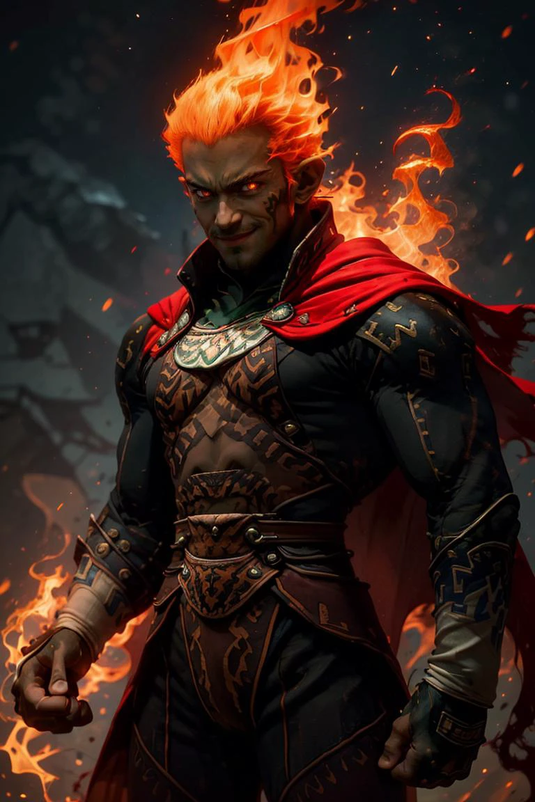 (masterpiece, best quality:1.2), muscular , <lora:Fiery_Hair:0.6>, Fiery_Hair, fiery hair, glowing,
, <lora:OoT_Ganondorf_Zelda_Anime:0.8>, OoT_Ganondorf_Zelda, solo, (green skin:1), cape, solo, 1boy, (fire:1), <lora:r1ge - AnimeRage:0.5>, r1ge, glowing, red aura, solo, smiling, looking at viewer, cowboy shot,