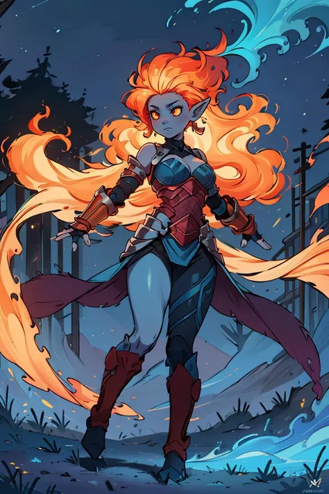 ((masterpiece,best quality)), absurdres, <lora:Fiery_Hair:0.8>, Fiery_Hair, fiery hair, glowing, long hair, large breasts, cleavage, bare shoulders, very long hair, blue fire, blue fire hair, upper body, outdoors, sky, pointy ears, night, floating hair, colored skin, colored sclera, flat color, yellow sclera shiny metal, full body armor, breastplate, fingerless gloves, shoulder armor, gauntlets