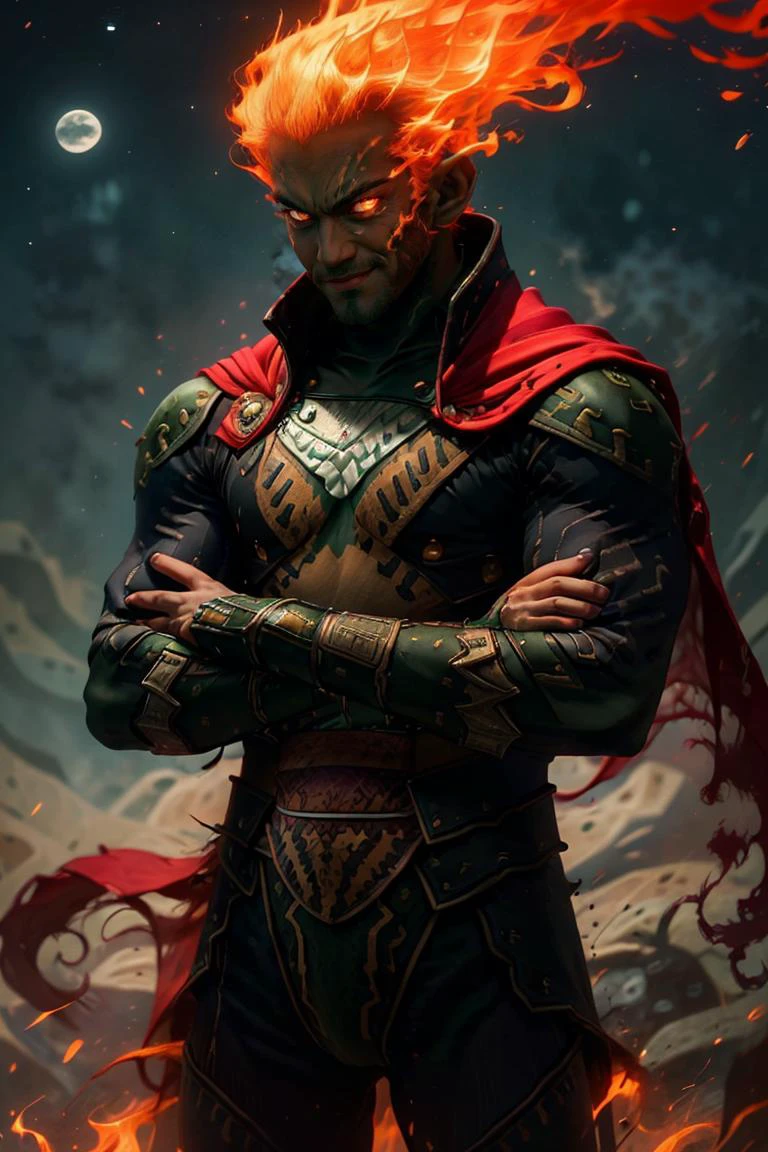(masterpiece, best quality:1.2), muscular , <lora:Fiery_Hair:0.8>, Fiery_Hair, fiery hair, glowing,
, <lora:OoT_Ganondorf_Zelda_Anime:0.8>, OoT_Ganondorf_Zelda, solo, (green skin), cape, solo, 1boy, (fire:1), <lora:r1ge - AnimeRage:0.5>, r1ge, glowing, red aura, solo, smiling, looking at viewer, cowboy shot, (crossed arms:1.1)
upper body, full moon,