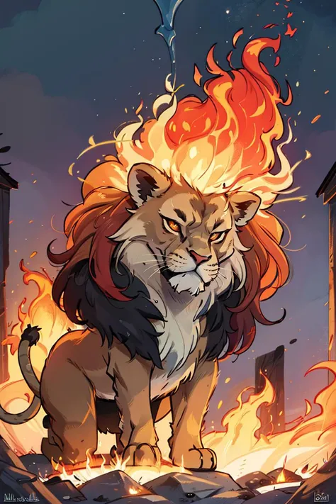 ((masterpiece,best quality)), absurdres, <lora:Fiery_Hair:0.8>, Fiery_Hair, lion, large mane on fire, fluffy, on fire