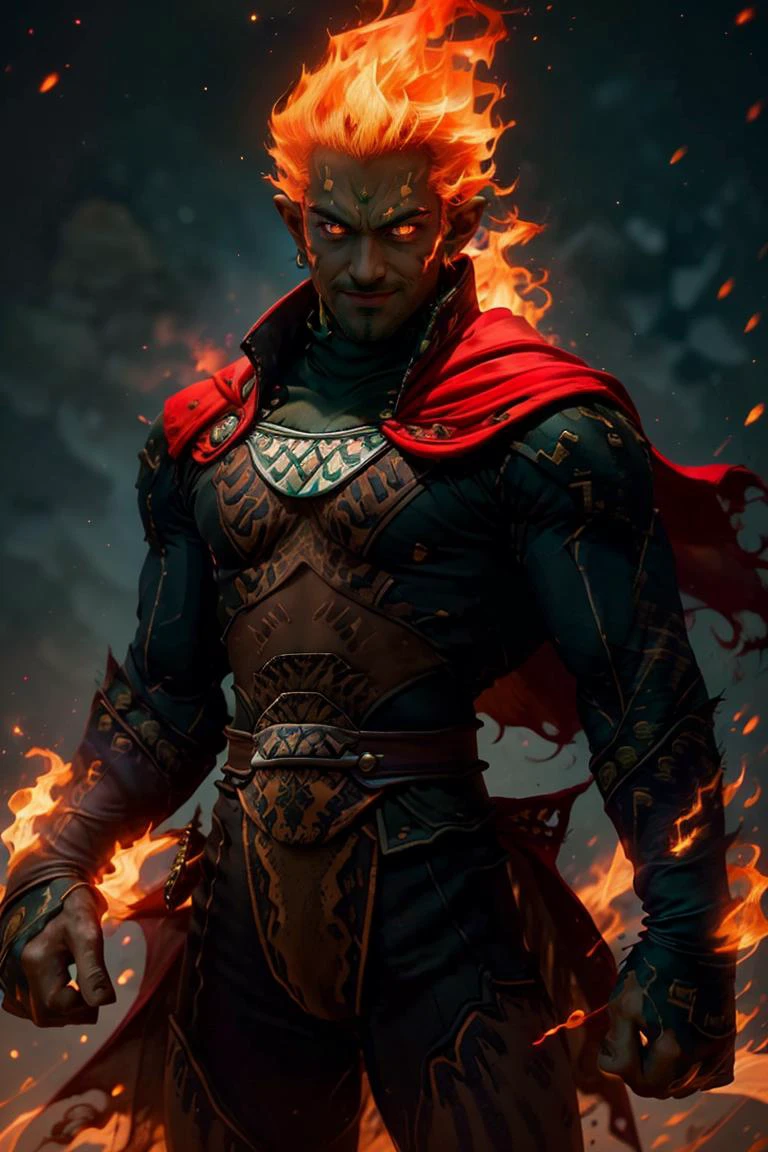 (masterpiece, best quality:1.2), muscular , <lora:Fiery_Hair:0.8>, Fiery_Hair, fiery hair, glowing,
, <lora:OoT_Ganondorf_Zelda_Anime:0.8>, OoT_Ganondorf_Zelda, solo, (green skin), cape, solo, 1boy, (fire:1), <lora:r1ge - AnimeRage:0.5>, r1ge, glowing, red aura, solo, smiling, looking at viewer, cowboy shot,