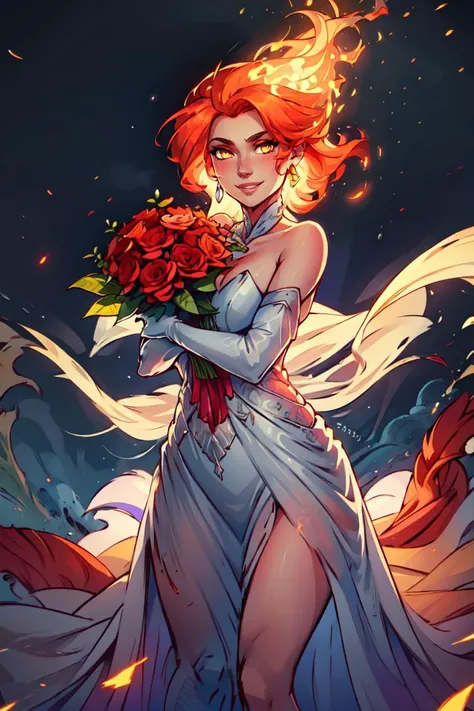 ((masterpiece,best quality)), absurdres, <lora:Fiery_Hair:0.8>, Fiery_Hair, fiery hair, glowing, 1girl, solo, smiling, looking at viewer, cowboy shot, bride, wedding dress, bridal veil, strapless dress, elbow gloves, holding bouquet,