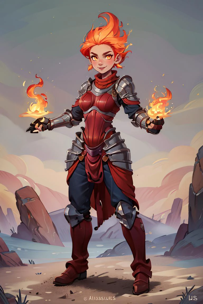 ((masterpiece,best quality)), absurdres, <lora:Fiery_Hair:0.8>, Fiery_Hair, fiery hair, glowing, 1girl, solo, smiling, looking at viewer, cowboy shot, shiny metal, full body armor, breastplate, fingerless gloves, shoulder armor, gauntlets