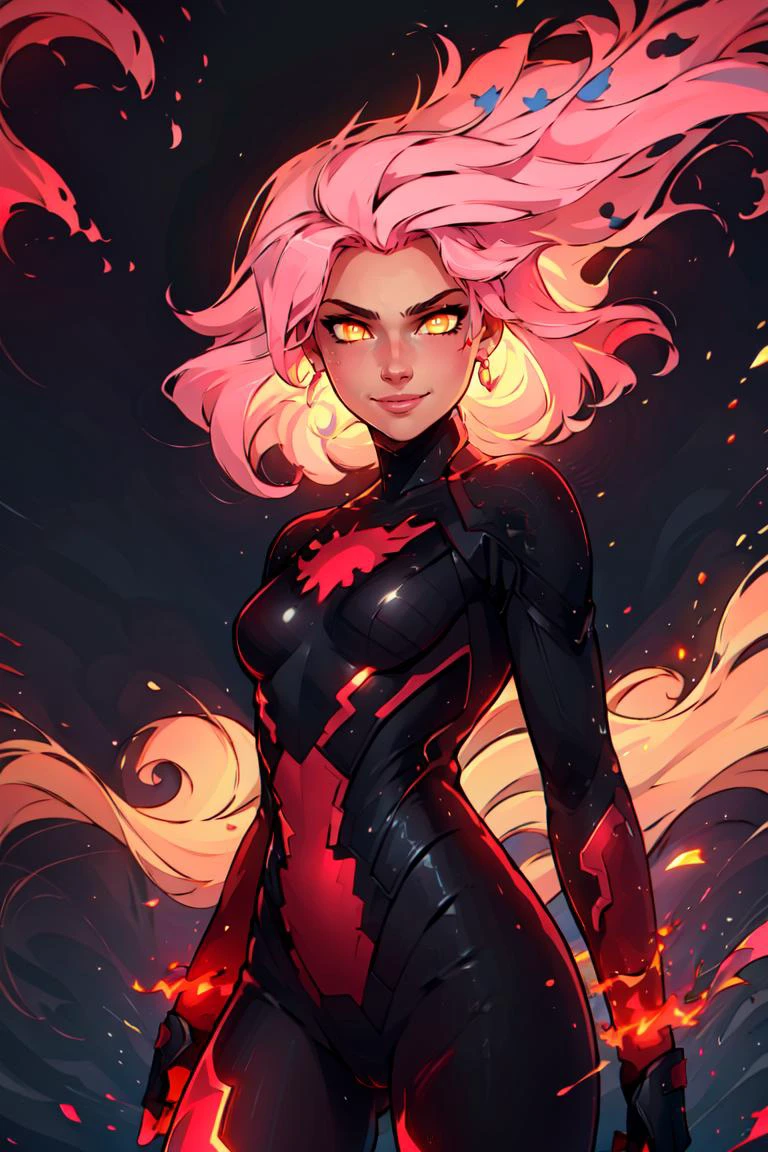 ((masterpiece,best quality)), absurdres, <lora:Fiery_Hair:0.8>, Fiery_Hair, fiery hair, glowing, 1girl, long hair, looking at viewer, smile, yellow eyes, pink hair, red hair, small breasts, bodysuit, floating hair, black background, animification, superhero