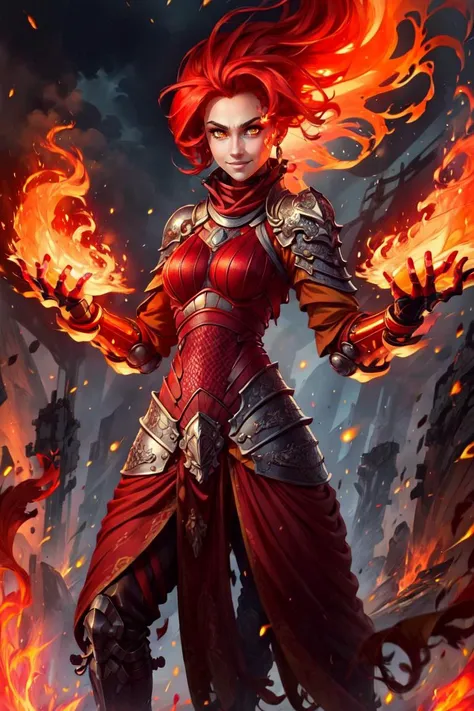 ((masterpiece,best quality)), anime style, <lora:Fiery_Hair:0.8>, Fiery_Hair, fiery hair, glowing,  1girl,  solo, smiling, looking at viewer, cowboy shot,  shiny metal, full body armor, breastplate, fingerless gloves, shoulder armor, gauntlets,, <lora:more_details:0.5>