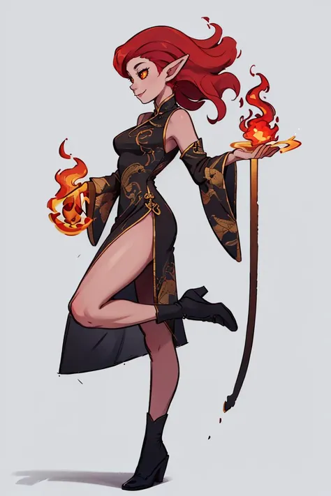 ((masterpiece,best quality)), absurdres, <lora:Fiery_Hair:0.8>, Fiery_Hair, 1girl, long hair, smile, simple background, medium breasts, standing, full body, china dress, slit dress, chinese clothes, red hair, pointy ears, profile, standing on one leg, colored sclera, yellow sclera