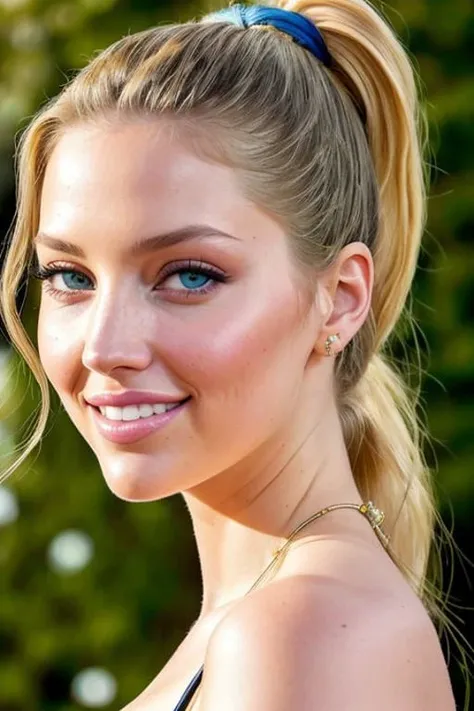 portrait photo of EvelynNobodySD15 blonde (top ponytail:1.2) (smiling:1.2) beautiful woman evening dress depth of field bokeh bright morning light (masterpiece) (best quality) (detailed) (8k) (HDR) (wallpaper) (cinematic lighting) (sharp focus) (intricate)