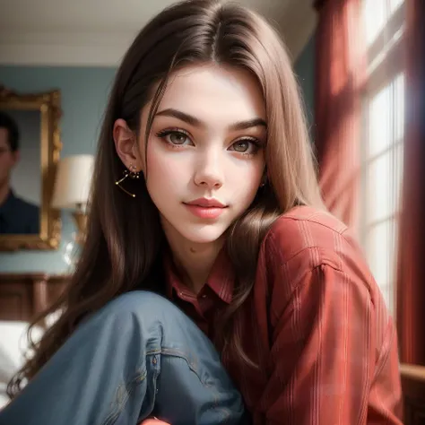 (Masterpiece Photo:) of fallingdevil wearing nsfw checkered red and black shirt and blue jeans staring at the viewer,(big brown eyes) ,(checkered red and black shirt), (blue jeans),Highly Detailed,(close portrait:1.3),(Feminine:1.4),(beautiful:1.4),(attractive:1.3),calendar pose,perfectly detailed eyes,studio lighting,thematic background, (high detailed skin:1.2), 8k uhd, dslr, soft lighting, high quality, film grain, Fujifilm XT3