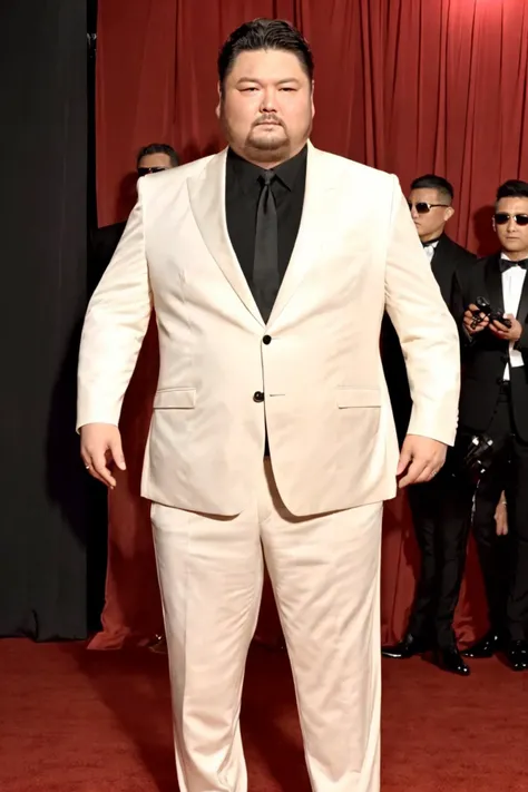 a men as a movie star, (portrait:1.2), (half body:1.2),(face focus:1), modelshoot style, (extremely detailed CG unity 8k wallpaper), Intricate, High Detail, Sharp focus, dramatic, ((movie premiere gala)), ((standing on the red carpet)), ((paparazzi in the background)), (looking at viewer), (detailed pupils:1.2), (elegant suit:1.3)(fat:1.2)<lora:rongxiang:0.8>