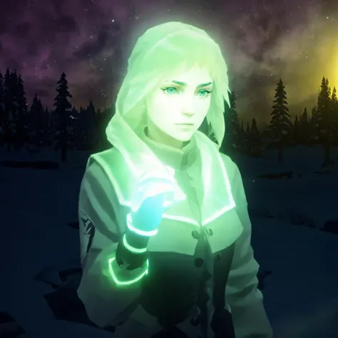 <lora:TheLongDark_light:0.7> the_long_dark, winter, outside, semi-ghost female, arms made of bioluminescent, maximum details, cinematic
