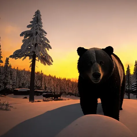 <lora:TheLongDark_light:0.7> the_long_dark, winter, outside, bear, atmospheric, evening