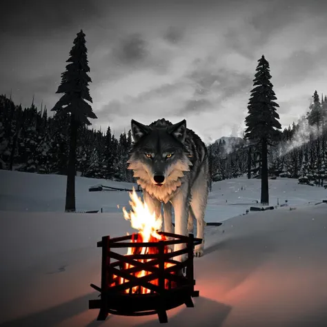 <lora:TheLongDark_light:0.7> the_long_dark, winter, outside, wolf, campfire