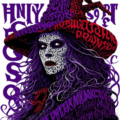 typography_art, english text,witch<lora:Typography_art:1>, dark themed background. very dark and scary horror vibes. hyper intricate details. purple, red, white colors. hyperrealistic artwork style. scary horror metal music vibe. godrays, gorgeous, amazing, intricate, highly detailed, digital painting, artstatio