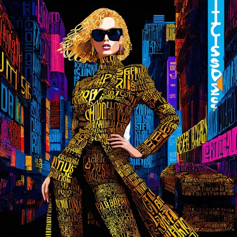 typography_art,english text,black background  <lora:Typography_art:1>, photograph of a Fashion model, full body, highly detailed and intricate, golden ratio, vibrant colors, hyper maximalist, futuristic, city background, luxury, elite, cinematic, fashion, depth of field, colorful, glow, trending on artstation, ultra high d