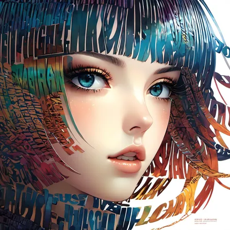 typography_art, english text,<lora:Typography_art:1>, Closeup face portrait, smooth soft skin, beautiful eyes, intricate colored hair, symmetrical, anime wide eyes, soft lighting, detailed face, by makoto shinkai, stanley artgerm lau, wlop, rossdraws, concept art, digital painting