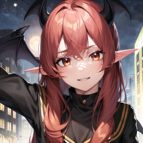 ((masterpiece, best quality)), (((close-up face))), street, city, building, Street lights, solo focus, black school uniform, black Sailor Collar, floating, moon, sky, night, evil smile, golden eyes, red hair, long hair, pointy ear, arm behind back, New York, demon girl, horn, bat wings, demon tail