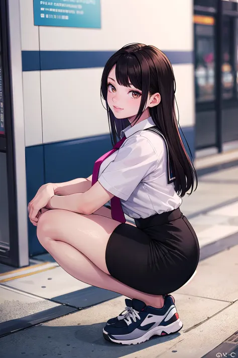 masterpiece, best quality,1girl,young girl,brown eyes,long hair,evil smile,shiny skin,(nice leg line:1.3),thick thighs,thin waist,huge breasts
BREAK
school uniform,necktie, ((pencil skirt)),pantyhose,sneakers
BREAK
store,crowd,depth of field,looking at viewer,squatting,from side,full body,legsupsexms