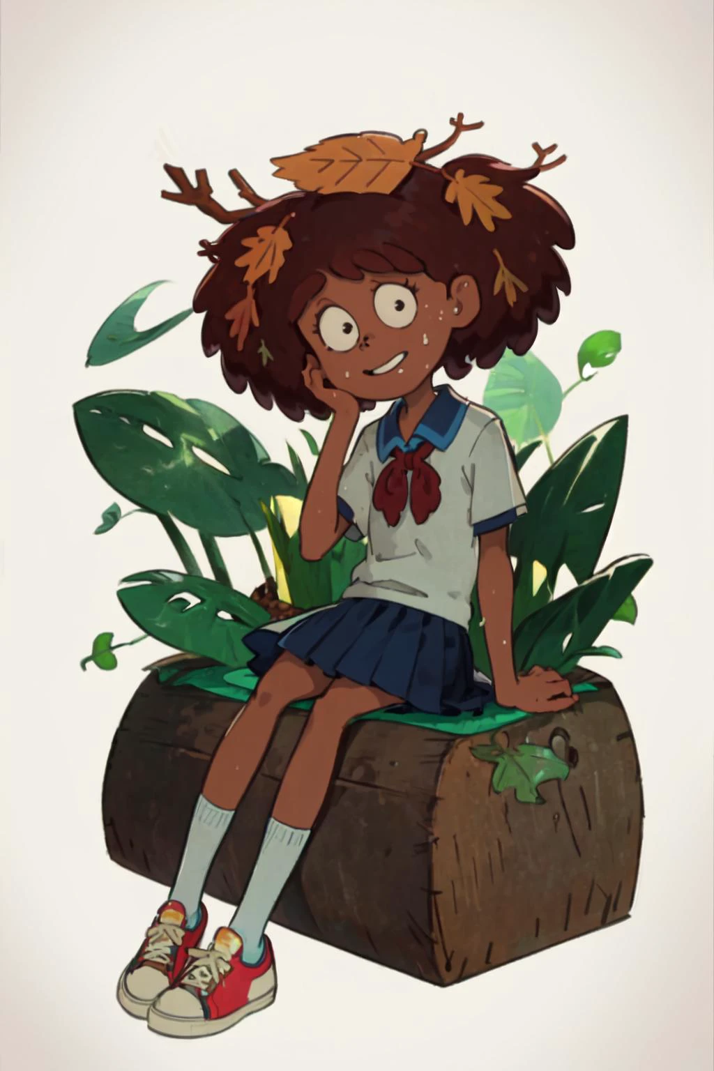 masterpiece, <lora:Anne_Boonchuy SD1-5 V1-0:1> anne boonchuy, flat chest, looking at viewer, short hair, brown hair, shirt, skirt, school uniform, hair ornament, sitting, shoes, only one shoe, only one sock, teeth, socks, dark skin, leaf, sneakers, leaf hair ornament, leaf on head,