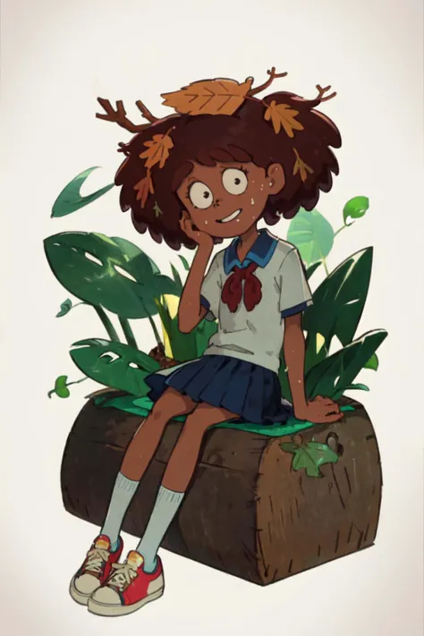 masterpiece, <lora:Anne_Boonchuy SD1-5 V1-0:1> anne boonchuy, flat chest, looking at viewer,  short hair, brown hair, shirt, skirt, school uniform, hair ornament, sitting, shoes, only one shoe, only one sock, teeth, socks, dark skin, leaf, sneakers, leaf hair ornament, leaf on head,