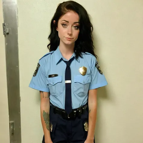 embedding:trained/sdxl/catkitty (((wearing a police uniform))) in a police station, fully clothed