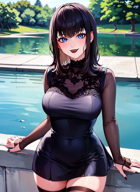 ((best quality)), ((highly detailed)), masterpiece, absurdres, extremely detailed face, beautiful face, (detailed eyes, deep eyes), (1girl), pov, <lora:MavisV1:1>, MavisNSFW, black hair, medium hair, blue eyes, black lips, fangs, large breasts, smiling, black dress, short dress, striped thighhighs, (outside, at a lake, afternoon)