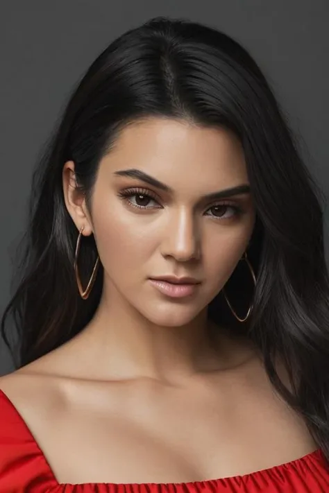 <lora:k3nd4l:0.9>, a Realistic photo of k3nd4l woman, long hair, looking at viewer, simple background, black hair, long sleeves, dress, brown eyes, jewelry, closed mouth, upper body, earrings, grey background, lips, red dress, realistic, soft lighting, professional Photography, Photorealistic, detailed eyes, RAW, analog, sharp focus, 8k, HD, DSLR, high quality, Fujifilm XT3, film grain, award winning, masterpiece