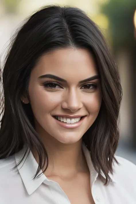 <lora:k3nd4l:0.9>, a Realistic photo of k3nd4l woman, long hair, breasts, looking at viewer, shirt, black hair, cleavage, brown eyes, white shirt, upper body, short sleeves, teeth, grin, lips, realistic, nose, soft lighting, professional Photography, Photorealistic, detailed eyes, RAW, analog, sharp focus, 8k, HD, DSLR, high quality, Fujifilm XT3, film grain, award winning, masterpiece