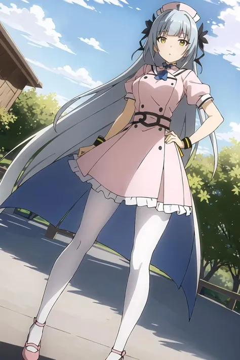 ((masterpiece)),((best quality)),ultra-detailed,illustratio,Explicit,Beautiful body,Beautiful Nose,Beautiful character design,perfect eyes,perfect face,wallpaper,ultra highres,4K,photography,(Beautiful,normal breasts:1.2),(beautiful face:1.2),beautiful legs,perfect legs,shiny skin,nsfw,official style,official arts,anime screencap,anime coloring,
1girl, solo, long hair, white hair, yellow eyes,hair ornament, nurse, pantyhose, nurse cap, hat, pink pantyhose, ribbon, hair ribbon, hand on hip,pink footwear, looking at viewer, white pantyhose, pink thighhighs, v, long legs, standing, legs, yellow ribbon, bracelet, blush,full body,<lora:Chloe Chronicle:0.7> ,outdoor,Blue sky,White cloud,