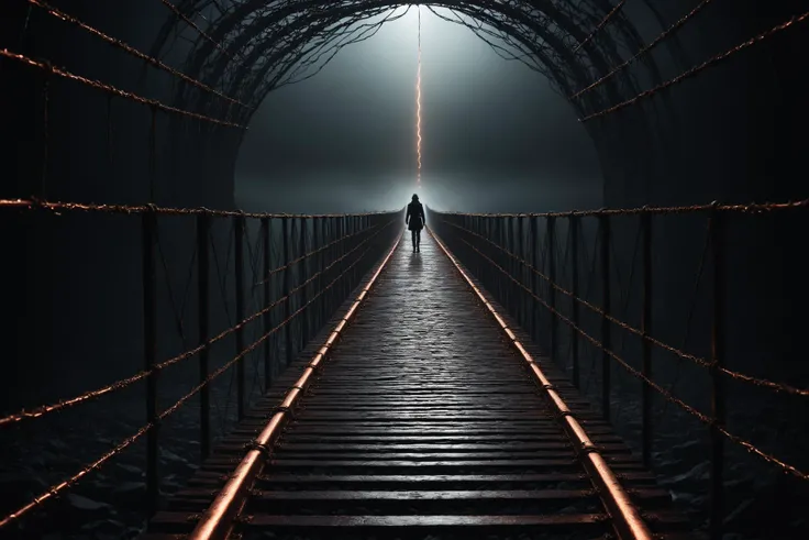 copperu, a dramatic cinematic film still of a interdimensional messenger is attempting to build a bridge between different dimensions. the scene is from a dark sci-fi film. the atmosphere is dark and gritty. professional cinematic lighting engulfs the whole scene. the art direction is of the highest level. the scene is directed by a hollywood veteran sci-fi director.